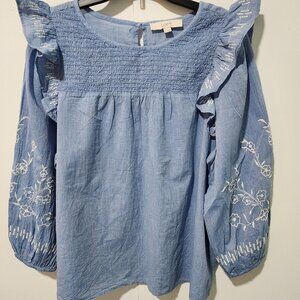 LOFT Blue Embroidered Blouse